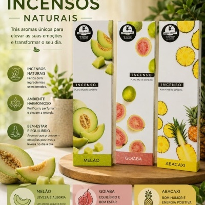 Caixas de incenso natural A BRUXA ENCANTADA com aromas de melão, goiaba e abacaxi, em base de madeira com plantas ao fundo.