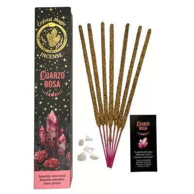 Incenso Crystal Magic Quarzo Rosa com 7 varetas, pedras e cartão explicativo