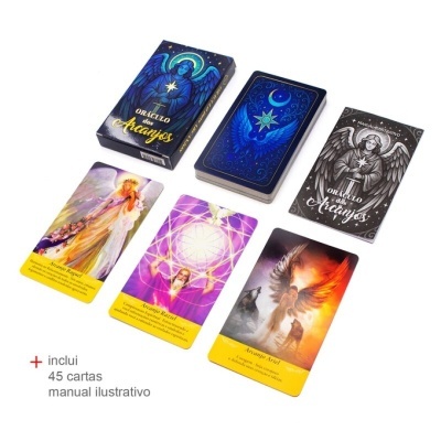Conjunto de cartas oráculo dos Arcanjos com caixa, cartas coloridas e manual ilustrativo.