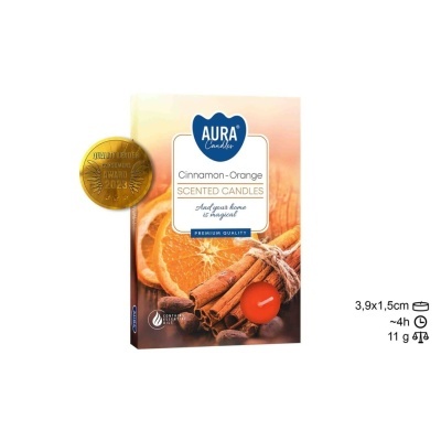 Caixa de velas perfumadas Aura Cinnamon-Orange com selo e texto informativo