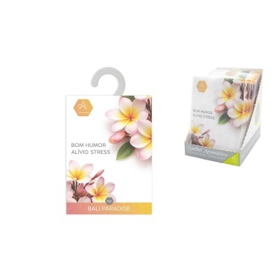 Sachets aromáticos Aromarte com flores e texto BOM HUMOR ALÍVIO STRESS