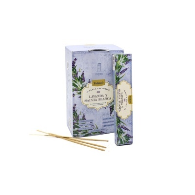 Caixa de incenso Tulasi Lavanda y Salvia Blanca com decoração floral e três varetas.