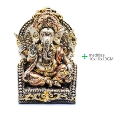 Estátua decorativa de Ganesha em dourado e bronze com trono ornamentado