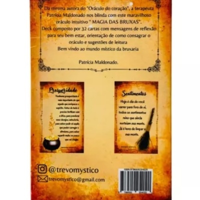 Parte traseira de caixa de oráculo MAGIA DAS BRUXAS com texto e imagens de cartas.