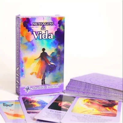 Baralho de cartas 'Mensagens da Vida' com caixa roxa e cartas coloridas