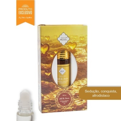 Perfume roll-on Mel do Amor Natural Mystic em embalagem dourada com corações