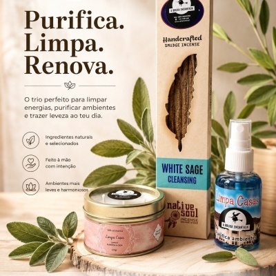 Produtos de purificação: incenso, vela aromática e spray Limpa Casas da marca A Bruxa Encantada com fundo natural e folhas verdes