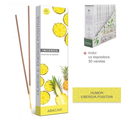 Incenso de abacaxi com embalagem branca e amarela e varetas de incenso.