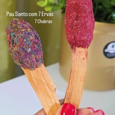 Dois pau santo com coberturas coloridas segurados por mão com unhas vermelhas, planta ao fundo.