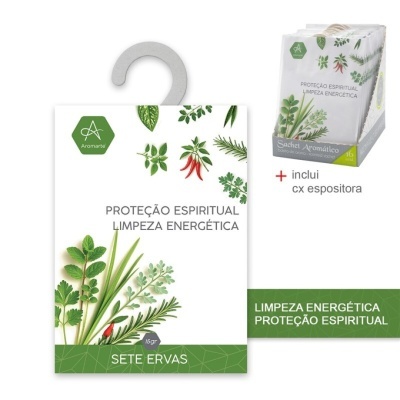 Embalagem de sachet aromático com desenho de ervas e texto em português