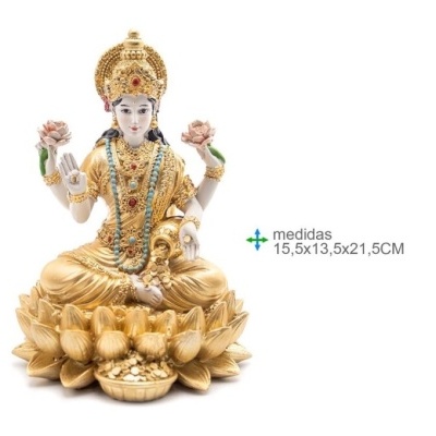 Estátua dourada de figura feminina sentada em flor de lótus