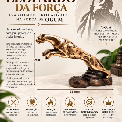 Escultura de leopardo dourado com manchas pretas em salto sobre base rochosa escura.