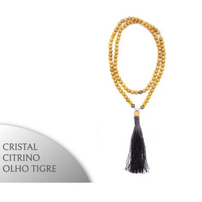 Colar mala com contas amarelas e pedras citrino e olho de tigre com tassel preto