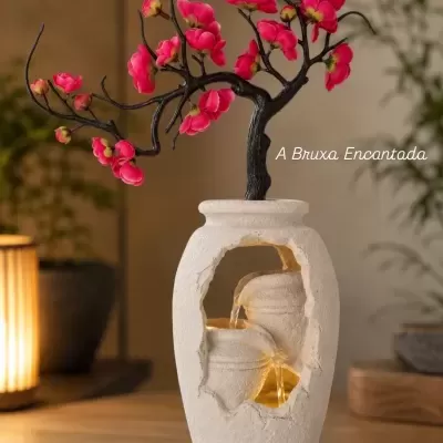 Fonte decorativa interior com vaso branco e flores artificiais cor-de-rosa