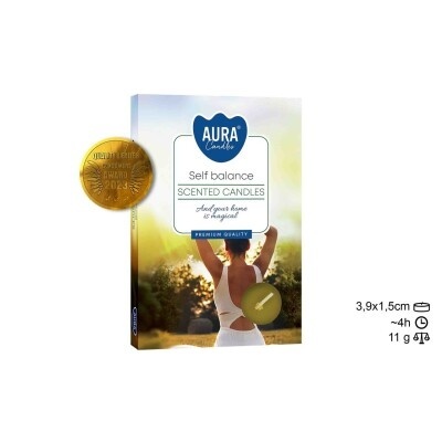 Caixa de velas perfumadas Aura Candle Self Balance com selo dourado e imagem de mulher ao pôr do sol