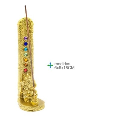 Suporte de incenso dourado com pedras coloridas e medidas indicadas