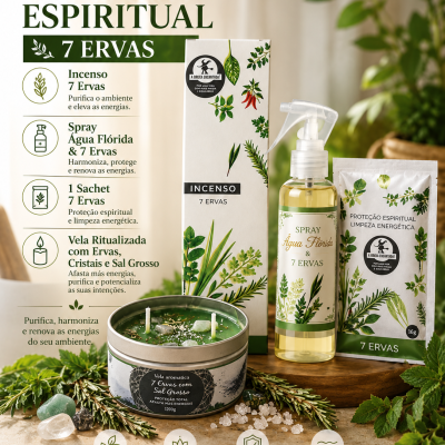 Kit limpeza espiritual com incenso, spray, sachet e vela aromática com decoração de plantas verdes