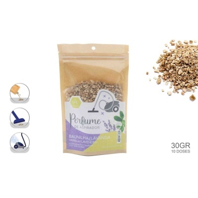 Pacote de perfume para aspirador com fragrância Baunilha/Lavanda e rótulo colorido.