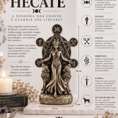 Estatueta dourada de Hécate com símbolos e texto explicativo em fundo claro