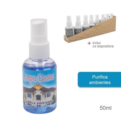 Frasco de spray azul para purificar ambientes com caixa expositora