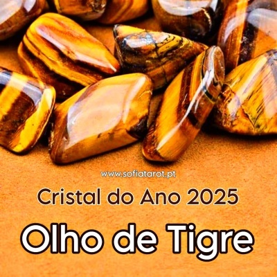 Pedras Olho de Tigre polidas castanhas e douradas com texto promocional