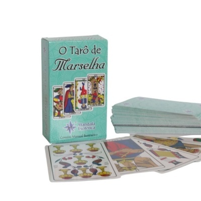 Conjunto de cartas de tarot O Tarô de Marselha com caixa azul turquesa