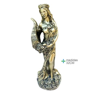 Estátua dourada feminina cega segurando cornucópia com moedas