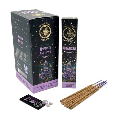 Conjunto de incenso Crystal Magic INCENSE com caixa preta e decoração roxa de cristais e palitos de incenso