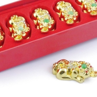 Amuletos dourados com pedras coloridas em estojo vermelho