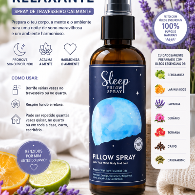 Frasco de spray relaxante para travesseiro com rótulo azul estrelado e flores de lavanda ao redor