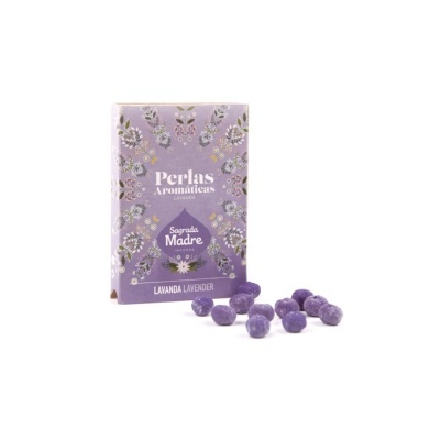 Caixa roxa de Perlas Aromáticas Sagrada Madre Lavanda com pérolas roxas