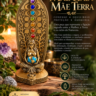 Incensário dourado Mãe Gaia Mãe Terra com pedras coloridas e figura feminina sentado segurando globo