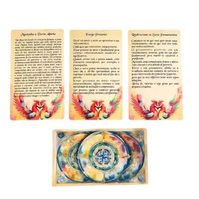 Cartas coloridas com texto e ilustração de uma fénix vermelha sobre fundo branco.