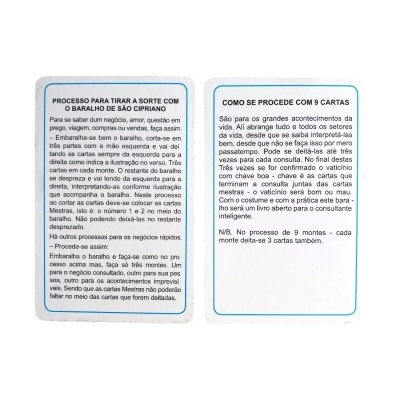 Duas cartas com instruções em português para baralho de São Cipriano
