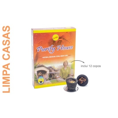 Caixa do produto Purify House com copos de carvão e imagem de uma mulher a meditar