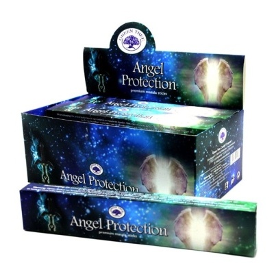 Embalagem azul e verde de incenso Angel Protection com asas de anjo e texto