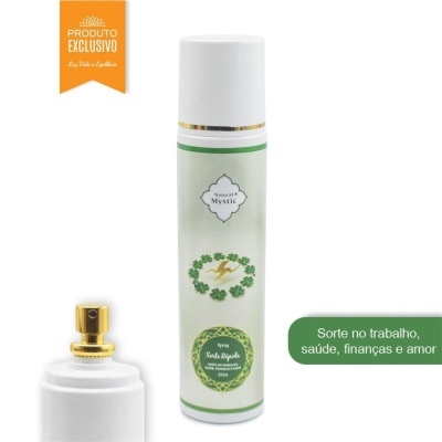 Frasco branco de spray Natural Mystic Sorte Rápida com trevos verdes e raio amarelo