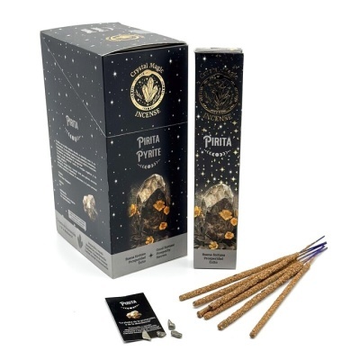 Conjunto de incenso PIRITA PYRITE com varetas, cristais e caixas pretas decoradas.