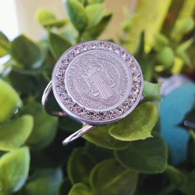 Anel prateado com medalha decorada e pedras brilhantes sobre folhas verdes