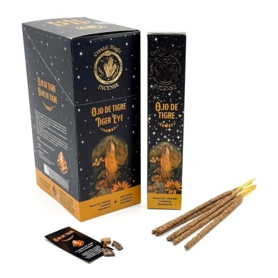 Conjunto de incenso Ojo de Tigre com embalagem preta e varetas de incenso