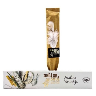 Incenso Native Soul Healing Smudge com embalagem dourada e caixa branca com texto e imagens de ervas