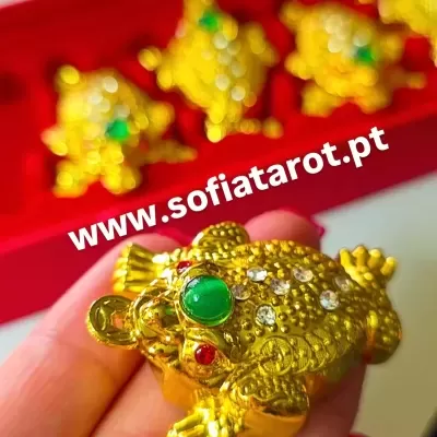 Figura de sapo dourado com pedras decorativas na mão, com caixa vermelha ao fundo e texto www.sofiat tarot.pt
