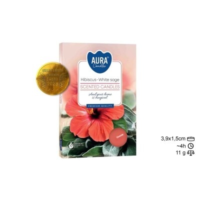 Embalagem de vela perfumada Aura Candles Hibiscus-White sage com flor e selo dourado.