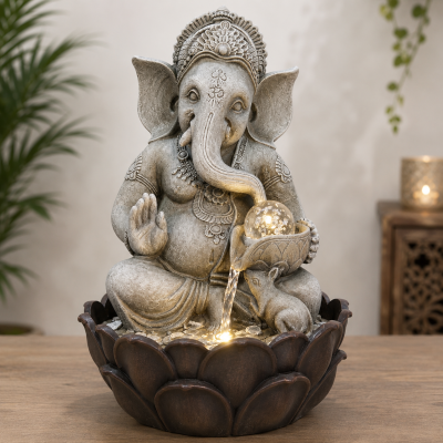 Fonte decorativa de mesa com estátua do elefante Ganesha cinza e base castanha em forma de flor
