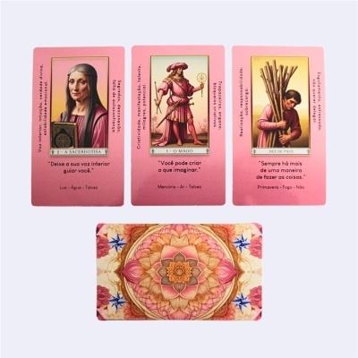 Três cartas de tarot com personagens e textos em português, mais uma carta com padrão floral virada para baixo