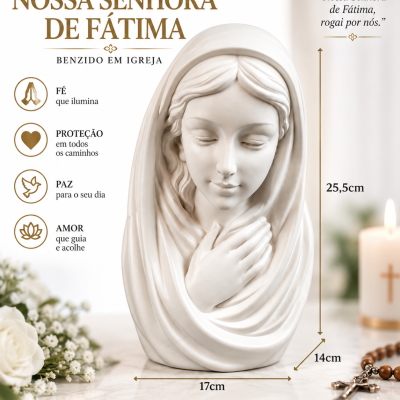 Busto branco de Nossa Senhora de Fátima com texto em português e dimensões indicadas