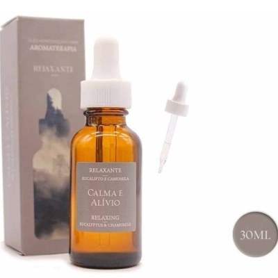 Frasco âmbar com conta-gotas branco e caixa cinza com texto de aromaterapia relaxante