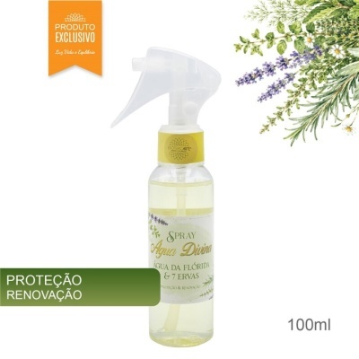 Spray Água Divina 100ml em frasco transparente com rótulo branco e ilustração de ervas