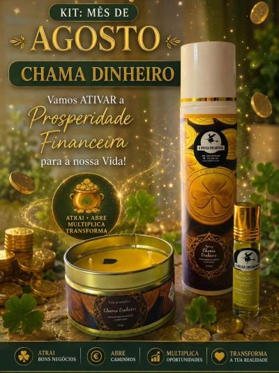 Kit aromático Chama Dinheiro com vela em lata, spray e roll-on em fundo dourado com moedas e trevos