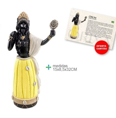 Estátua decorativa de Oxum com saia amarela e adorno dourado